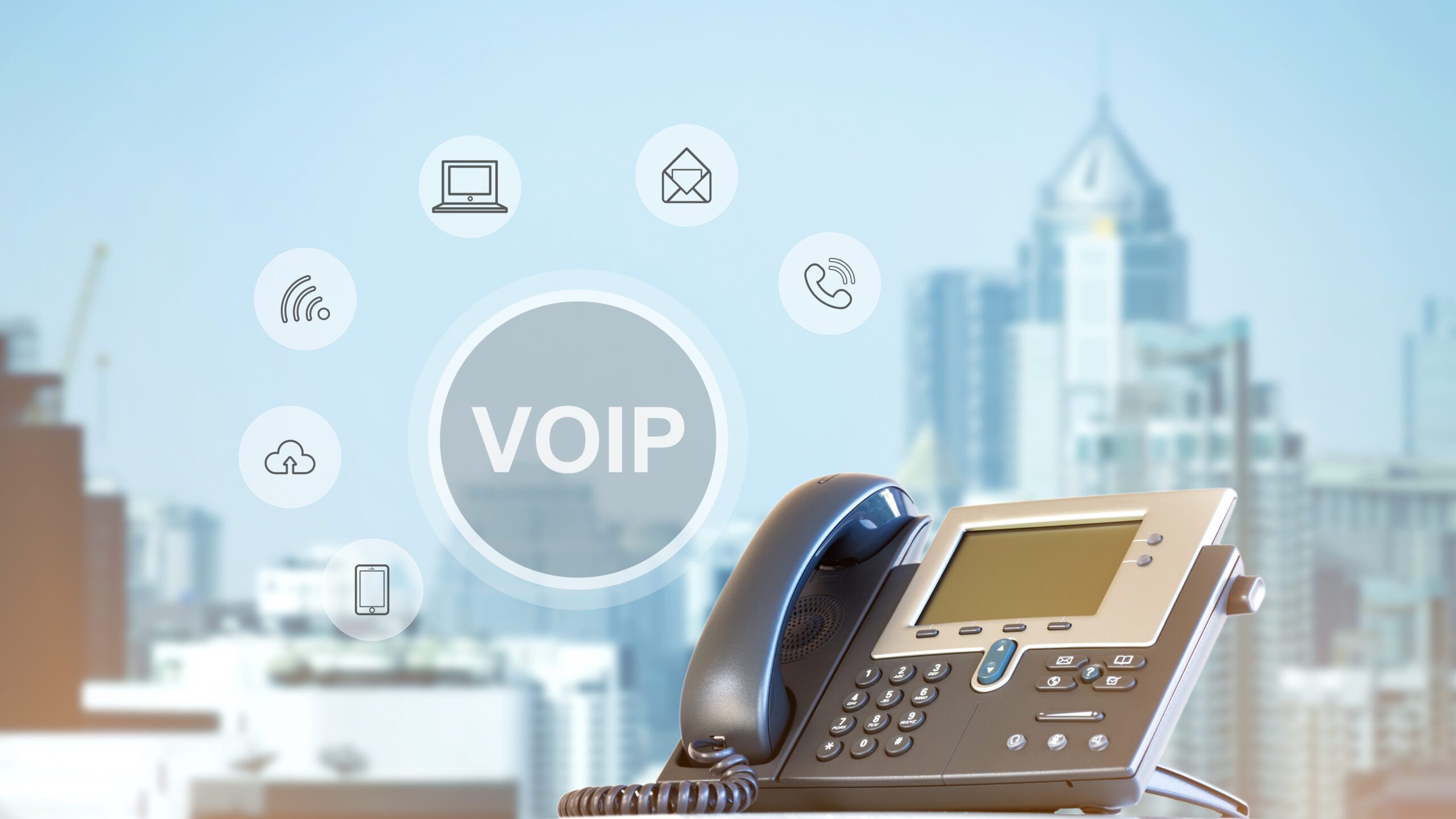 VOIP phone on city background